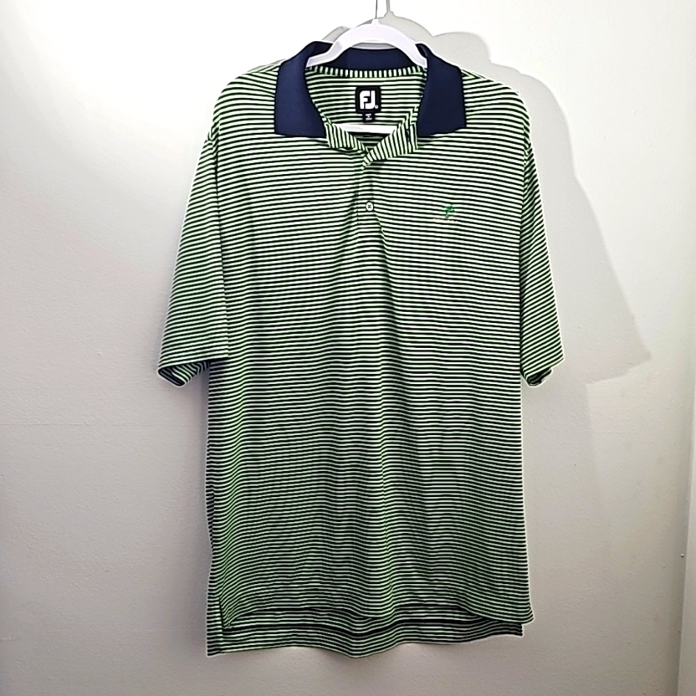 FJ mens polo green and black golf polo shirt. Size large. Riomar golf resort.